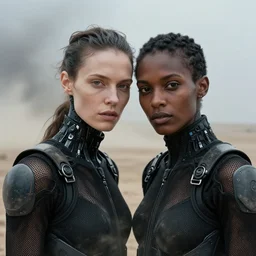 cinestill 5 0 d photographic portrait by helen levitt of an interracial female android couple wearing rugged black mesh techwear on a desolate plain, extreme closeup, modern cyberpunk, dust storm, 8 k, hd, high resolution, 3 5 mm, f / 3 2, ultra realistic faces, intricate detail, ex machina