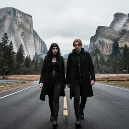 amateur photo of a goth couple wandering yosemite on a cold, cloudy day