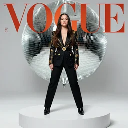 lorde dressed in versace, cover for vogue magazine, disco ball in background, lorde standing on an elevated platform