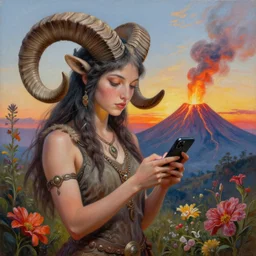 painting by senior concept artist josephine wall, horned ram goddess checking her cell phone, erupting volcano and sunset in distance in background, flowers in foreground, fantasy, acrylic on canvas, intricately detailed, highly detailed, high resolution, hdr, 8 k, trending on artstation