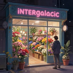 intergalactic flower shop by Dan Seagrave and by Dan Witz, glossy digital painting, fantasycore