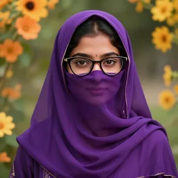 a candid portrait of a cute young hyderabadi female wearing a purple niqab with cateye glasses, summer bloom, au naturel, hyper detailed, digital art, trending in artstation, cinematic lighting, studio quality, smooth render, unreal engine 5 rendered, octane rendered, art style by klimt, nixeu, ian sprigger, wlop, krenz cushart