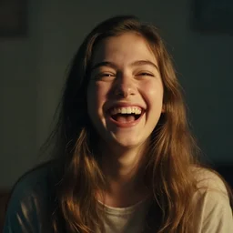 portrait of a very happy girl with long hairs who is laughing in marc simonetti and emil melmoth style , cinematic lighting