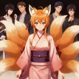 A beautiful anime digital painting of a beautiful young woman with fox ears and nine tails wearing a kimono, by Stanley Artgerm Lau, WLOP, Rossdraws, James Jean, Andrei Riabovitchev, Marc Simonetti, and Sakimichan, tranding on artstation, SFW version