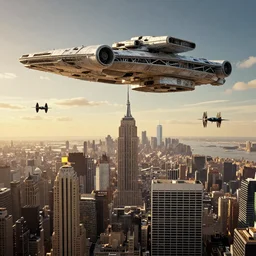 3 d point perspective, extreme long shot of the imperial fleet hovering over the sky menacingly of new york city, tie fighters patrolling around, occupation about to begin, golden hour, deep depth of field, make all elements sharp, aerial view, 8 k, octane, unreal 5, hyperrealistic, symmetrical, intricate digital art, photoshop, cgi, 3 d rendered model