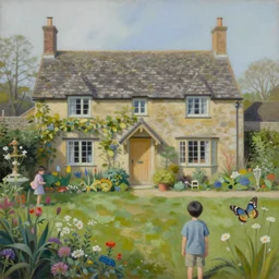 a gorgeous, fantastic, english country cottage garden by michael kidd, escher, victo ngai, ( thomas kincade ), butterfly, trending on artstation, artgerm, acrylic on canvas, muted colors