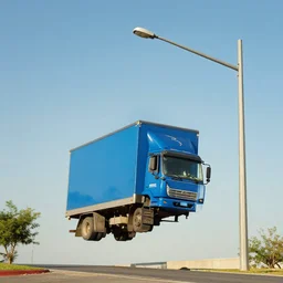 blue truck dangling from atop a street light pole