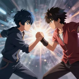 intense anime magic fight scene, highly detailed, professional digital painting, Unreal Engine 5, Photorealism, HD quality, 8k resolution, cinema 4d, 3D, cinematic, art by artgerm and greg rutkowski and alphonse mucha and loish and WLOP