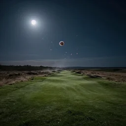 a dreamlike photo of small blobs of interdimensional fractal creatures falling from the sky in the distance, on a dark moonlit night, a vast landscape with mysterious rugged rolling pastoral wild golf course, dust particles, natural lighting, natural color palette, awe inspiring, wide angle, cinematographic, subtle lens flare