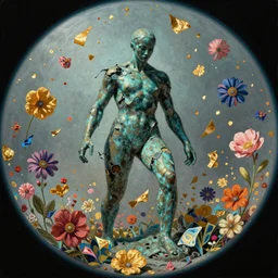 An epic fantastic realism comic book style painting of a distressed bronze sculpture from the future by Stanislaw Szukalski, beautiful colorful flowers rain down like gilt marbled paper, fisheye lens, unreal 5, DAZ, hyperrealistic, octane render, dynamic lighting
