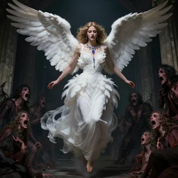 hyperrealistic portrait of an angel woman descending onto a stone room in darkness with the damned screaming in despair, white swan dress long feathers and sapphire jewellery by jeremy mann and alphonse mucha, high shadow contrast, daydreaming hell, fantasy art, photo realistic, dynamic lighting, artstation, poster, volumetric lighting, very detailed faces, 4 k, award winning