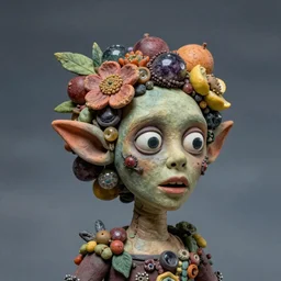 portrait headshot of a scary nature spirit, head made of fruit gems and flowers in the style of arcimboldo, ashley bickerton, fragonard, photorealistic, dynamic lighting, action figure, clay sculpture, claymation, dull blue cloudy background,