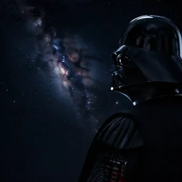 an over the shoulder point of view of Darth Vader looking at the space,
