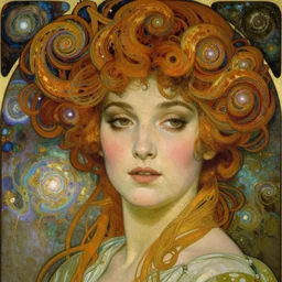 vivien leigh with a spiraling nebula for hair beautiful detailed romantic art nouveau face portrait by alphonse mucha and gustav klimt, hauntingly beautiful refined moody dreamscape