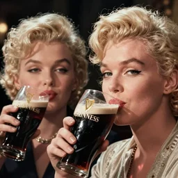 photograph of marilyn monroe drinking guinness, focus on faces, cinematic lighting, unreal engine, steve mccurry, volumetric lighting