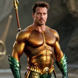 Arnold Schwarzenegger as Aquaman. Movie still frame. 4K UHD.
