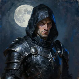 detailed portrait of a fantasy thief, statuesque, confident realistic face, black leather armor, bathed in moonlight, chiaroscuro, radiosity, brushy impressionism, contrasting highlights, silver with specular flourish, obsidian black and cobalt, contemporary art, deep rich hues, oil on canvas