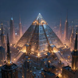 magical city of the Great Tartarian Empire adorned with amazing lost technology, lighting resembling fireflies, spires from rooftops collecting and distributing etheric energy, the centerpiece of the city is a colossal ancient pyramid made of metal, cityscape, combining intense detail & utmost quality, Christian Hecker, Artstation, - H 832
