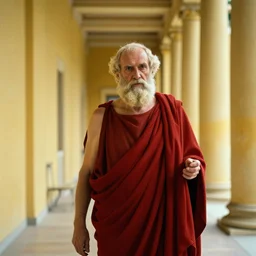 1 9 7 0 s movie still of old socrates in red drapery in a fade yellow neoclassical corridor with collums, cinestill 8 0 0 t 3 5 mm, high quality, heavy grain, high detail, panoramic, ultra wide lens, cinematic light, dramatic light, anamorphic