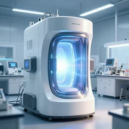 teleportation machine in a brightly lit laboratory, light shining from the machine and illuminating the scientific equipment, portal, unreal, hyperrealistic