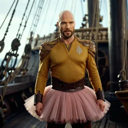 Jean Luc Picard on a pirate ship wearing a tutu