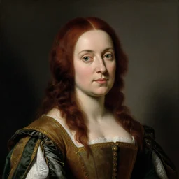 portrait of a 40 years old women, dark red hair, green eyes, in medieval clothing, painting by Rosalba Carriera, Anton Mengs, Thomas Gainsborough, Élisabeth Vigée-Lebrun