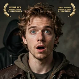 photo of a surprised man with a hooded figure in the background, realistic, photorealistic, extreme detail, digital photography