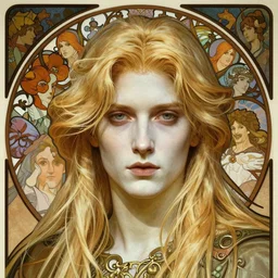beautifully staged poster realistic detailed face portrait of Dante from Devil May Cry mixed with Johan Liebert long blond hair, pale porcelain white skin, very very long luxurious beautiful blond hair, by Alphonse Mucha, Ayami Kojima, Amano, Charlie Bowater, Karol Bak, Greg Hildebrandt, Jean Delville, and Mark Brooks, Art Nouveau, Neo-Gothic, gothic, rich deep moody colors