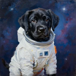 highly detailed painting of cute black labrador puppy wearing a spacesuit by william turner, thick brush strokes and visible paint layers, 4 k resolution, outer space nebula background