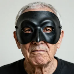 portrait photo of an old wrinkled man, intimidating, long nose, crooked nose, large mouth, black pulcinella masquerade mask, pointy conical hat, white wrinkled shirt, presenting pizza, black background, close - up, skin blemishes, acclaimed masterpiece by diane arbus