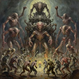 oil paint of 1 1 horrifying machines as evil wearing flayed gods in tiers, colossal medical * blood ticks * machines in tiers, dethroning / we machines / melee, battle pit, by shigeru komatsuzaki, by alberto bontempi, basil gogos, wayne d barlowe, stefano tamburini, torch light, muted colors, epic, hyper detailed, awe