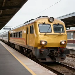A golden coated train stopped at trainstation, photograph, 2022