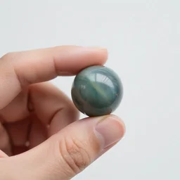 a hand holding a marble between index finger and thumb
