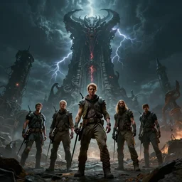 epic masterpiece of cinematographic hyperrealism where a group of archeologists appears in front of a large demonic tower. realistic shaded lighting poster by craig mallismo, artgerm, jeremy lipkin and michael garmash, unreal engine, detailed and intricate environment, digital art, art station trends, horror, night, dark lighting, lightning