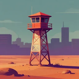 a beautiful sharp focus vintage vaporwave ombre vector art rendering, outrun style, of a fire lookout tower on the surface of mars. trending on artstation. recommended for you behance. by edward hopper. by chris moore. beeple colors. ambient occlusion. digital matte painting. metropolis filmic. gotham city. overcast.