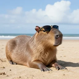a capybara relaxing on the beach and wearing sunglasses, noon, partly cloudy, dslr photo