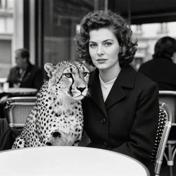 a woman at a cafe in paris with her pet cheetah, 1 9 6 3, by alfred eisenstaedt, black and white, low contrast, frontlight, soft lighting, - c 7