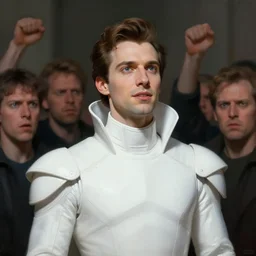 portrait of a regal prince in futuristic white clothes, high collar, sharp cheekbones, hopeful expression, surrounded by a crowd of furious people, matte painting, digital art, chesley bonestell