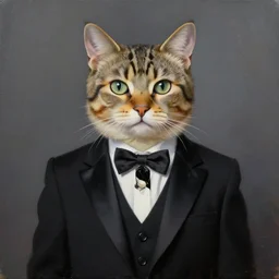 portrait of a cat dressed in a black zoot suit, realistic oil painting, trending on art station