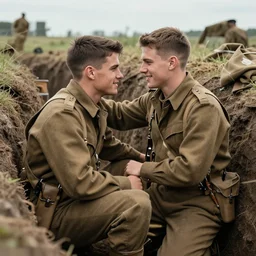 a professional photograph of two handsome young wwii soldiers finding love in the trenches