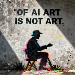 full color banksy graffiti with statement of ai art is not art, detailed, realistic, glitch art effect