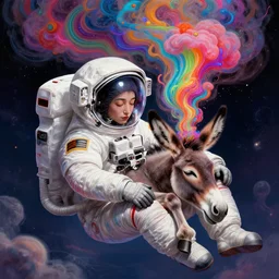 sleeping donkey in astronaut uniform floating in space with head bursting into colorful liquid smoke and clouds, an extremely colorful psychedelic experience, dmt, psilocybin, lsd, face, detailed, intricate, elegant, highly detailed, digital painting, artstation, concept art, smooth, sharp focus, illustration, art by hana yata, and artem demura and beeple, octane render, unreal engine, 8 k