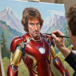 a closeup photorealistic photograph of bob ross diligently finishing a canvas painting of iron man on the canvas. mountains and trees. film still. brightly lit scene. this 4 k hd image is trending on artstation, featured on behance, well - rendered, extra crisp, features intricate detail, epic composition and the style of unreal engine.