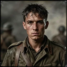 A wet-collodion styled portrait of a disheveled solider coming back from battle looking defeated, staring straight into the camera. Depth of field, smoke, high contrast, extremely detailed.