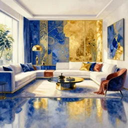 a hiper intricate watercolor of a beauty modern living room, reflexions, intricate details, ultramarin and goldenocre and vecicered harmony palette, smooth, by william turner art, by greg rutowski by edmund dulac, by carl larson