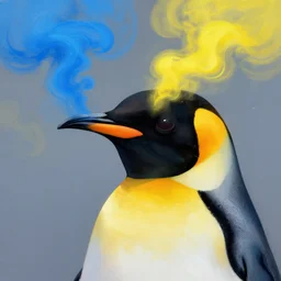 a painting of a penguins face with blue and yellow smoke coming out of, a digital painting by petros afshar, behance contest winner, digital art, behance hd, digital illustration, digital painting