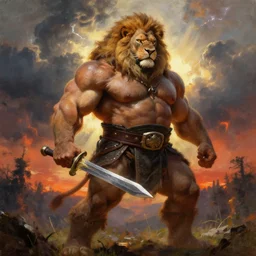oversized muscular powerlifter lion as dangerous barbarian with long hair and chest armor and sword in epic pose and hard backlight from sunset  , very textured detailed oil painting panoramic backlight portrait by rembrandt, backlight, dramatic clouds, thunder storm and forest on fire  ,sun rays