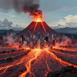 a volcano with a city emerging from the lava, artstation