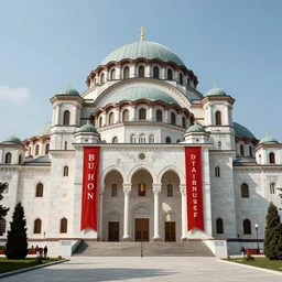 serbia belgrade palace temple, fully restored, newly built reconstructed, white marble, red banners. 8 k hd instagram photo at behance, epic cinematic movie shot, 1 9 9 0 s. adobe lightroom, photoshop