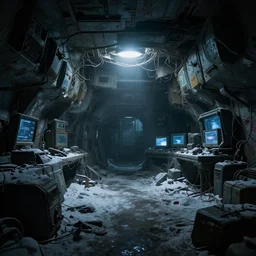 interior abandoned underground battleship berthing in hoth, snow everywhere, wreckage, ceiling falling in, filled with equipment, flat screen monitors, hoth, cyberpunk, interior, antarctica, vray, single light source, wires, overhead light, graffiti, dramatic lighting, dark, moody, spooky, cinematic